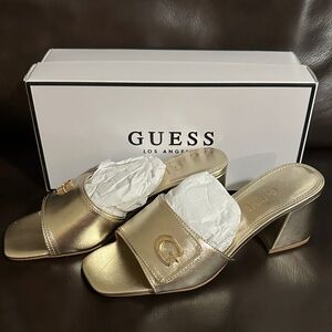 GUESS Gold Metallic Slide Mules with Block Heel Gallai2 7.5